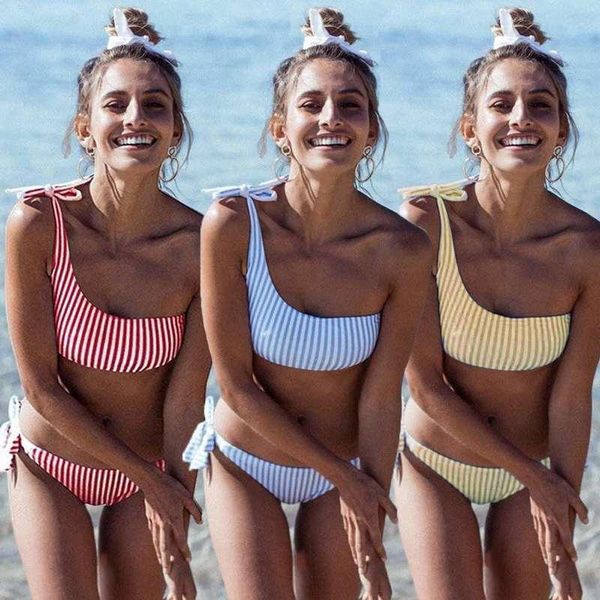 

yoga outfit 2021 stripe bandage bikinis women one shoulder bathing suit swimwear low waist swimsuit tube female summer beachwear