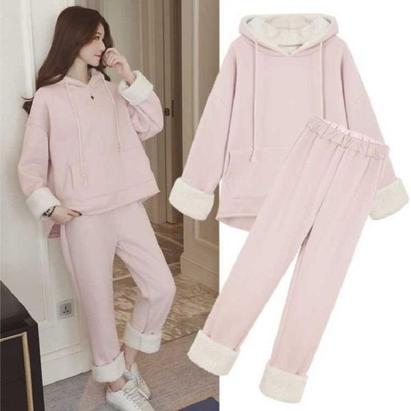 

women's pants fashion 2021 autumn/winter korean style pullover hooded sweater plus velvet thick two piece set women, White