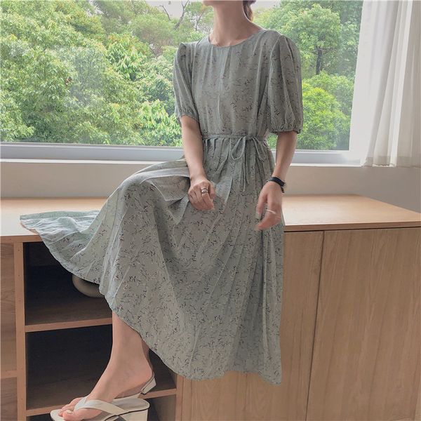 

casual dresses spring summer elegant women loose high waist lace-up floral print pleated long vestidos femme streetwear vov5, Black;gray