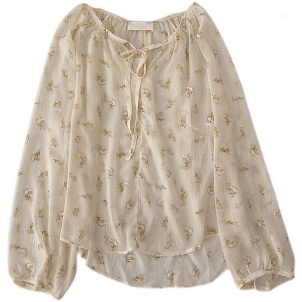 

women's blouses & shirts summer style korean floral retro long-sleeved o-neck lace chiffon shirt women, White