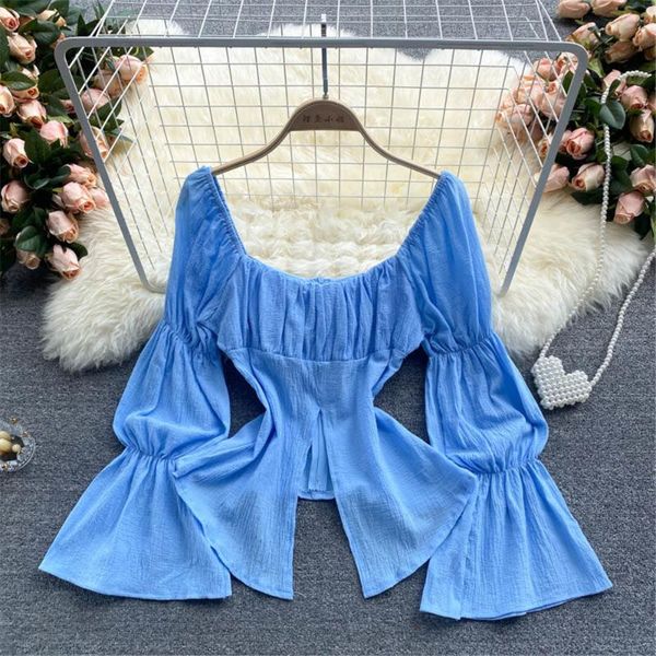 

women's blouses & shirts blouse blue summer crop split flare long sleeve female fashion elegant clothing 2021, White