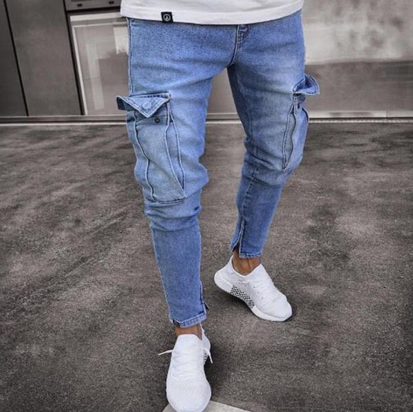 Jeans masculinos vendendo alongamento homens na moda do joelho do joelho zipper calças em