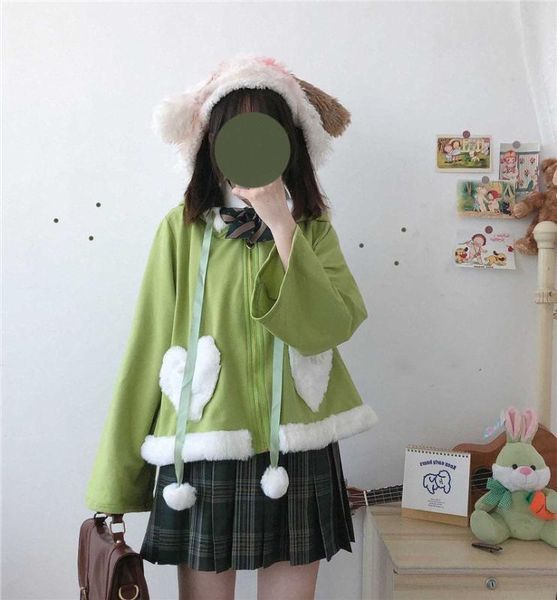 

women's hoodies & sweatshirts kawaii style zip up hoodie women fluffy plush ears hooded sweatshirt lolita girls christmas lovely prince, Black