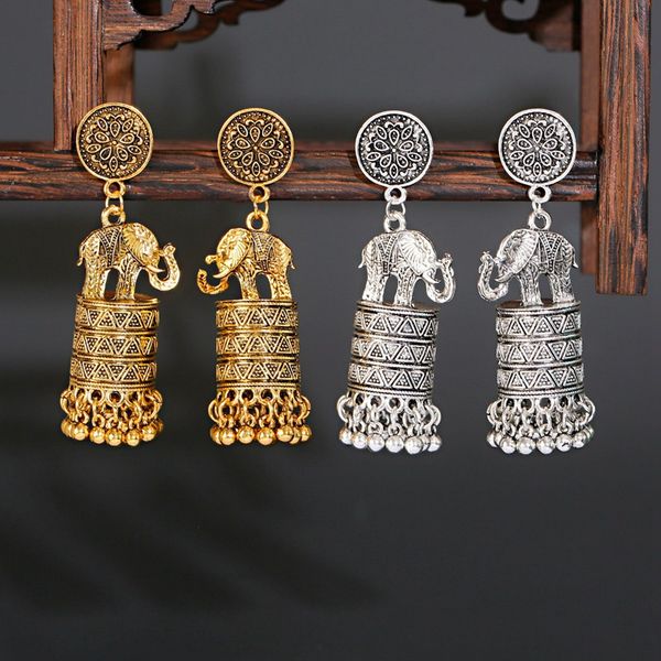 

2021 retro ethnic elephant indian dangler earrings women barrel shape vintage jewelry gifts wedding party gift, Silver