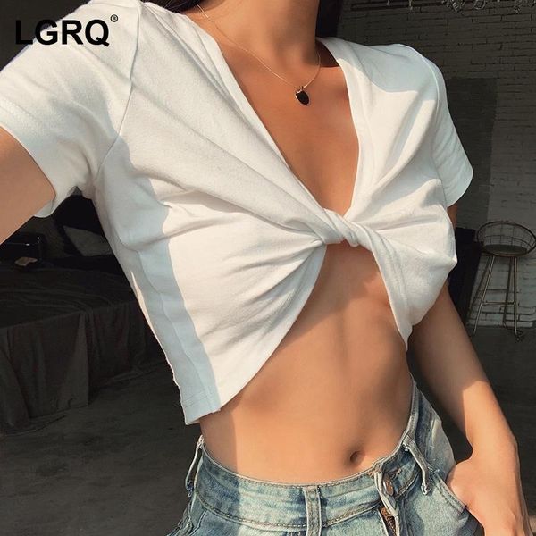 

[lgrq] women solid white asymmetrical skinny t-shirt v- neck short sleeve fashion tide spring and summer 2021 19d242 women's