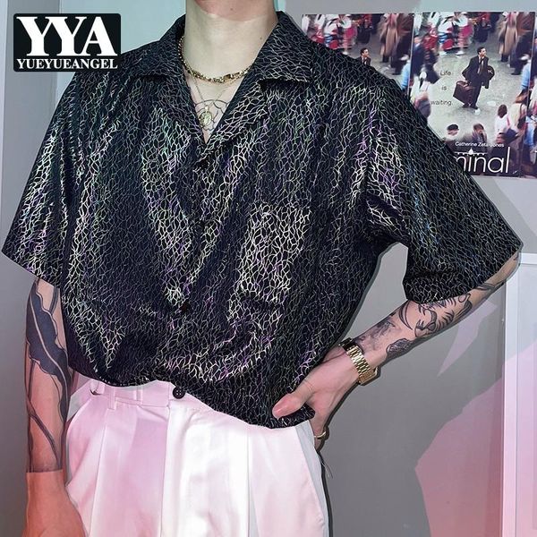 

men's casual shirts high street men glossy short sleeve shirt summer comfort single breasted slim satin fashion minimalist white male, White;black