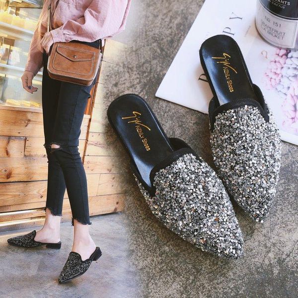 

mules for women 2021 cover toe flat shoes female slippers casual med pantofle slides square heel luxury block pointed soft, Black