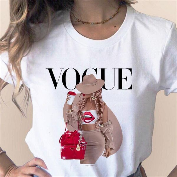 

vogue print graphic tee cute women 90s girls, White