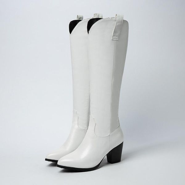 

boots ymechic fashion white black winter knee high cowboy for women shoes block heels long cowgirl western plus size