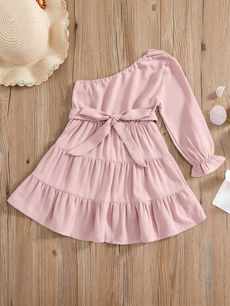 

toddler girls one shoulder flounce sleeve ruffle hem belted dress she, Red;yellow