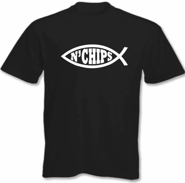 

atheist t shirt atheism darwin fish n chips mens funny, White;black