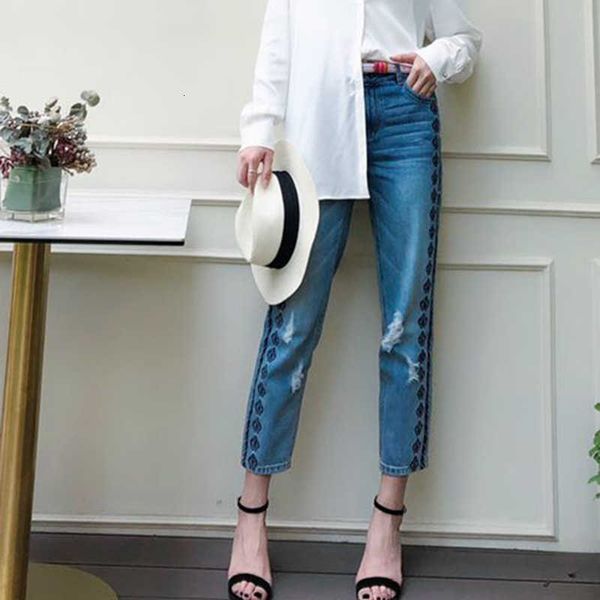 

official brand website women's pants pencil 2021 spring and summer embroidery hole casual nine points, Blue