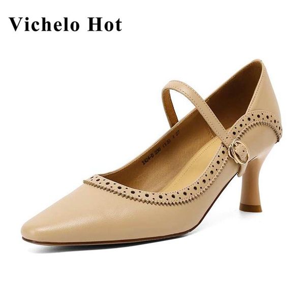 

dress shoes vichelo french vintage genuine leather carving dance party solid square toe thin high heel buckle straps modern pumps l24, Black