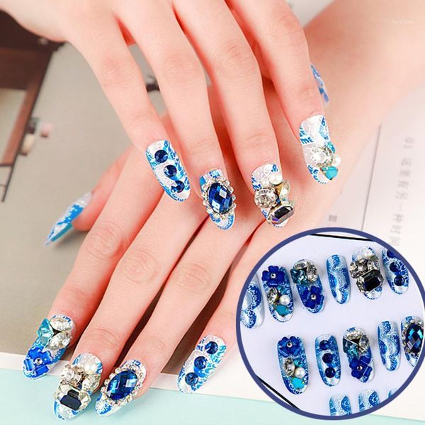 

pcs rhinestone false nails bride wedding party fake nail luxury art faux ongles full tip patch with glue stickers1, Silver;gold