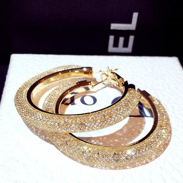 

hoop huggie vintage exquisite 14k real gold jewelry big circle earrings for women luxury zircon s925 silver needle party gift, Golden;silver