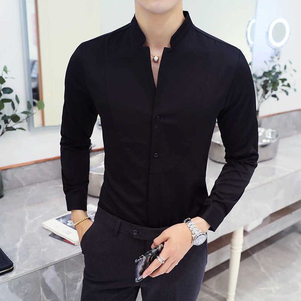 

2021 autumn men's stand collar casual shirt masculina boutique long-sleeved slim men's solid color business dress shirt size 5xl p, White;black
