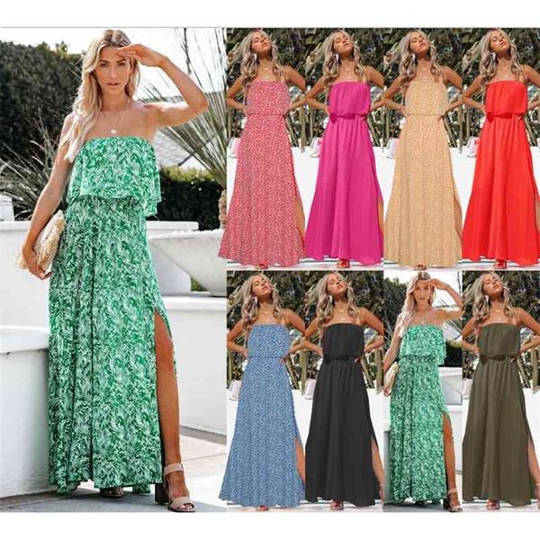 Maxi abito con stampa floreale con spalle scoperte Primavera Estate Sexy Tube Top Vita alta con giunture a spacco es per le donne 210517