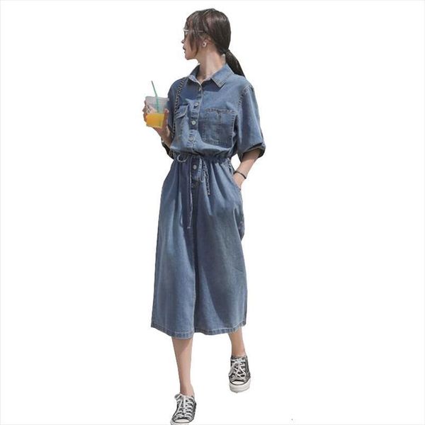 

fashion summer denim casual women dresses large size loose long short sleeve lapel single breasted pocket ok678, Black;gray