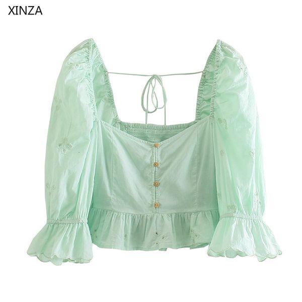 

women's knits & tees summer blouses women embroidered eyelet green cropped shirt puff sleeve smocked elastic ruffle embroidery vi, White