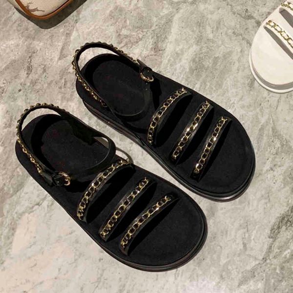 

summer new luxury brand women's sandals fashion metal chain sandal with peep-toe flat platform casual beach ladies shoes 60% off store, Black