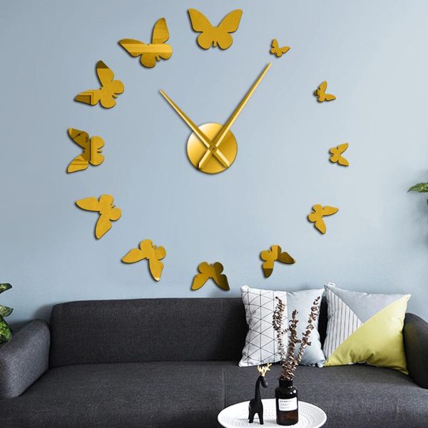

wall clocks diy giant clock 3d butterfly mirror large numer sticker animal frameless big modern watch