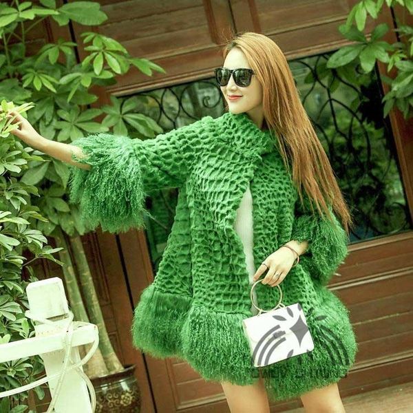 

women's fur & faux genuine real natural coat fashion jacket with lamb sleeve and hem ladies stand collar loose style1 28pv, Black