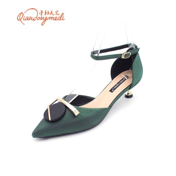 

41.42.43 size-pointed toe satin spring and autumn new stiletto heels square buckle hollow womens strap shoes, Black