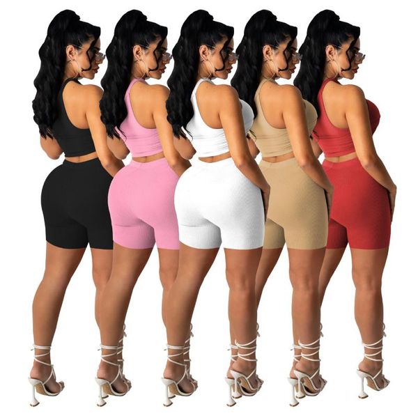 

women's tracksuits pleated vest shorts two piece set solid color elastic pit strip slim suit v-neck, Gray