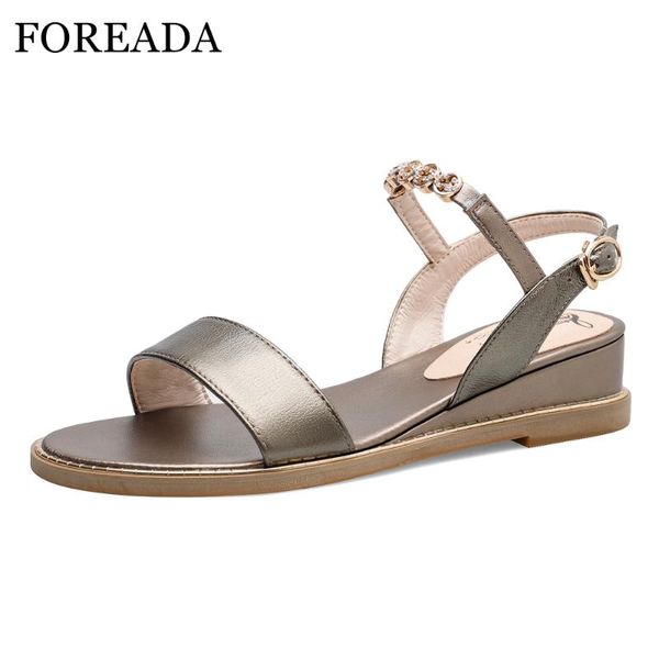 

dress shoes foreada summer sandals women crystal natural genuine leather wedge heel cow buckle female size 33-43, Black