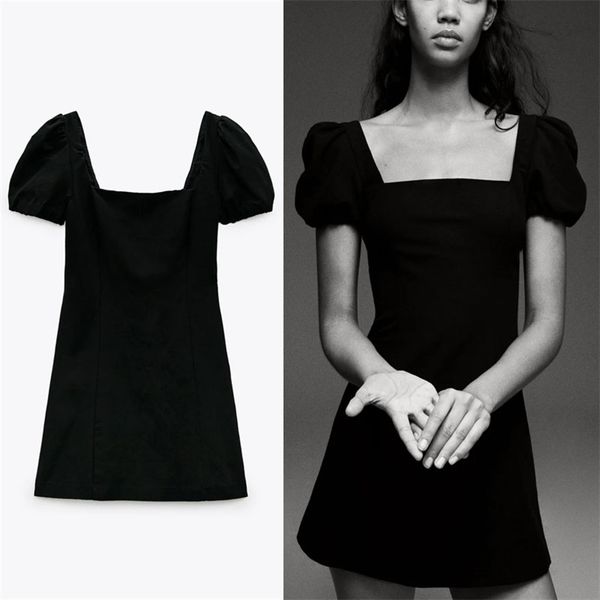

summer dress women short puff sleeve lacing backless es feminine chic squared neck side zip black party 210524, Black;gray