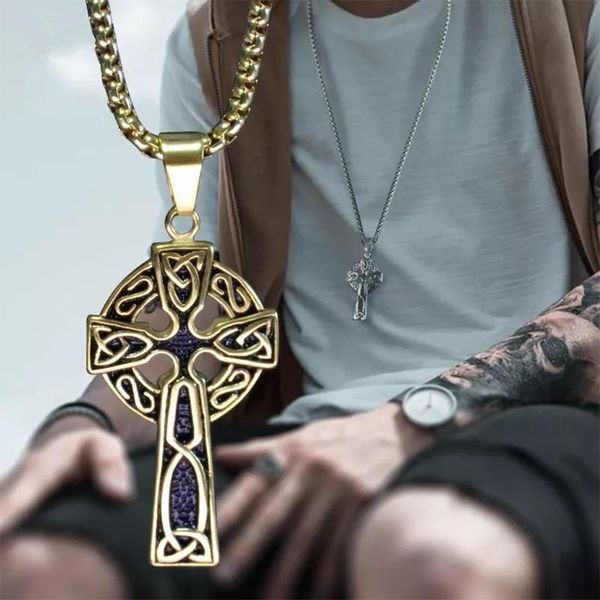 

pendant necklaces viking celtic cross necklace vintage stainless steel valknut for men nordic chain jewelry accessories, Silver