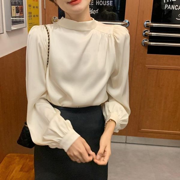 

women's blouses & shirts elegant puff sleeve bow collar pullover blouse spring autumn long solid color shirt ladies office, White