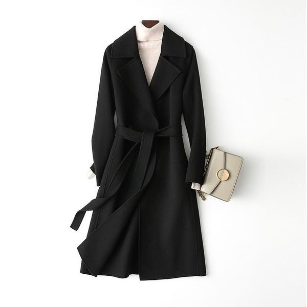 

women's wool & blends double-sided woolen cashmere coat mid-length 2021 korean fashion slim black solid color