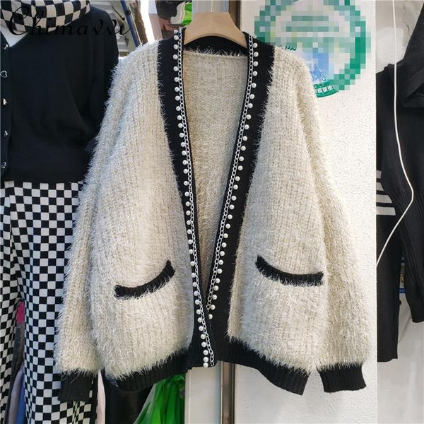 

women's knits & tees fashion cardigan feminine 2021 autumn women clothing heavy beads shiny long sleeves sweater loose temperament knit, White