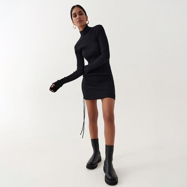 

casual dresses 2021 long sleeve ribbed ruched bandage mini dress autumn winter women high neck knitted pure party elegant outfits, Black;gray