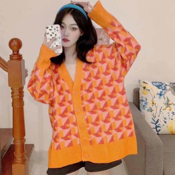 

women's knits & tees autumn red plaid printed v-neck single-breasted oversize long sleeve loose mid-knit sweater jacket girly style, White