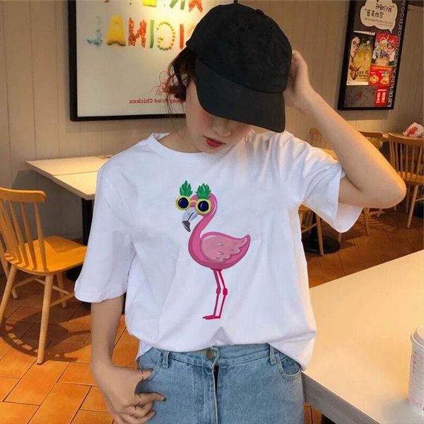 

flamingo printed short sleeve womens femme ulzzang vintage clothes, White