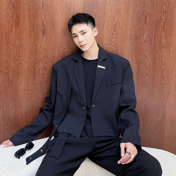 

men's design men's clothing metal decoration short suit jacket personality handsome ribbon long sleeve black blazer 9y9347, White;black