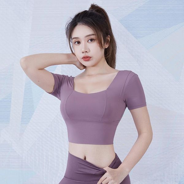 

women u-neck sports yoga shirts gym cropped with chest padded quick dry summer fitness training workout short sleeve outfit