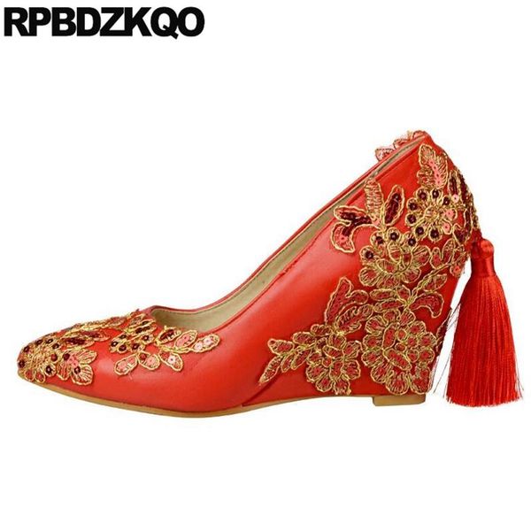 

big size women tassel flower high heels wedge wedding shoes pointed toe 3 inch lace 33 red bride autumn fashion china chinese dress, Black