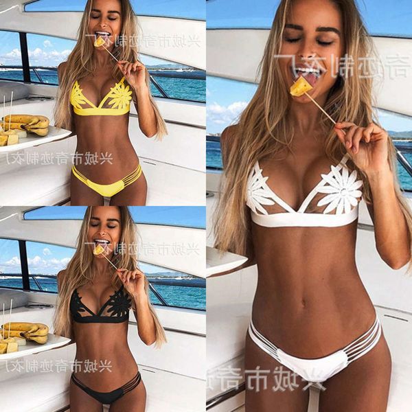 

ms swimsuit solid color split lace bikini swimming suit, White;black