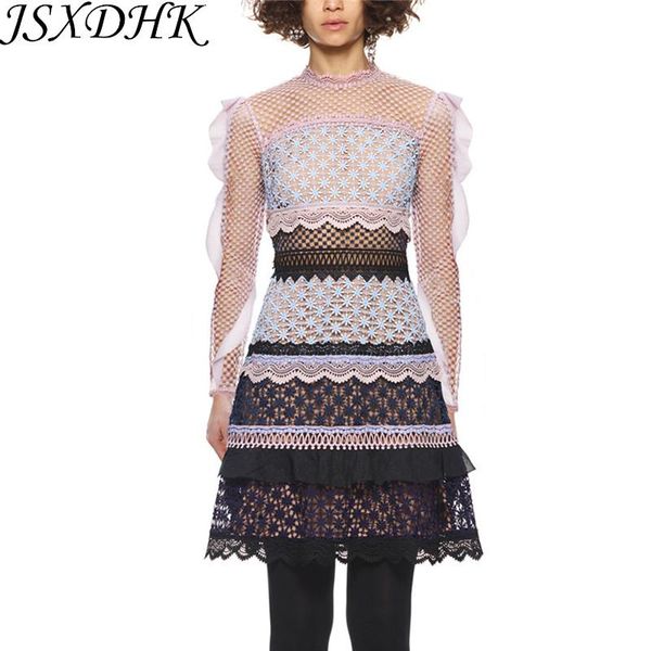 

casual dresses jsxdhk autumn runway dress 2021 self portrait water-soluble lace patchwork ruffles long sleeve stand collar women party, Black;gray