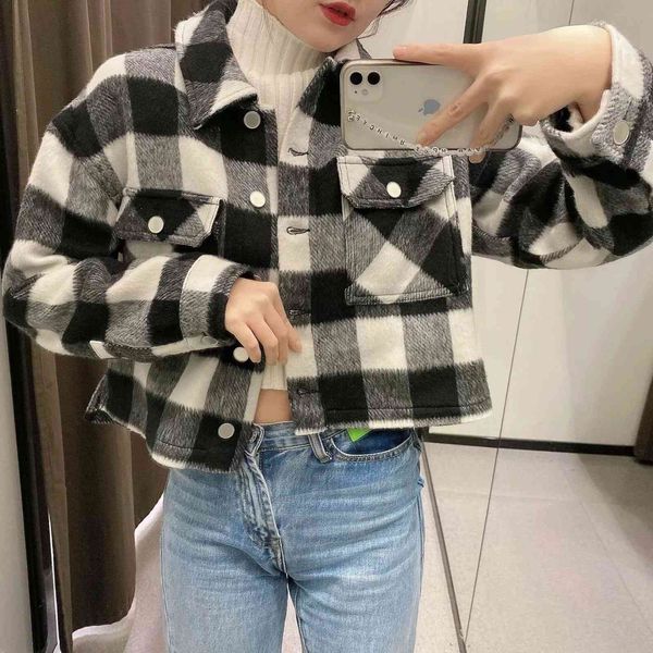 

women's jackets spring gingham check plaid shirt coat oversize style lapel pockets woolen jacket causal women outerwear gn4c, Black;brown