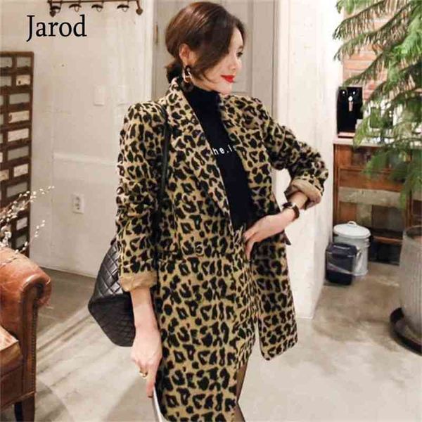 Fashion Leopard Stampa Office Blazer Outwear Mini BodyCon Gonna Due pezzi Set Donne Alta Qualità Blend Blend Suit Autunno Inverno 210519