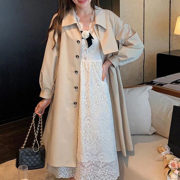 

women's trench coats khaki medium and long windbreaker coat early autumn small 2021 korean version simple women, Tan;black