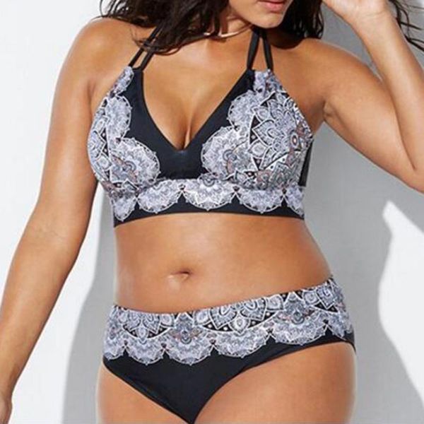 

plus size xl-5xl bikini set brazilian 2021 vintage floral print black back lace up women swimwear woman summer beach wear women's, White;black