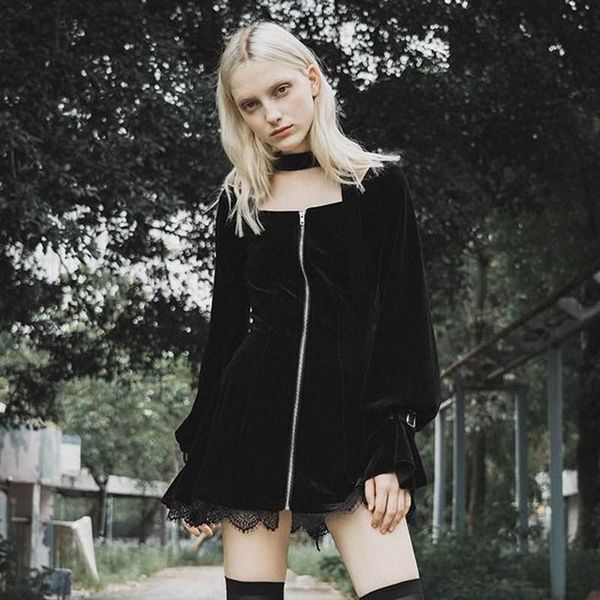 

lace ladies zipper dress spring black square collar lace-up women mini chic gothic high waist flare sleeves a-line dresses casual, Black;gray