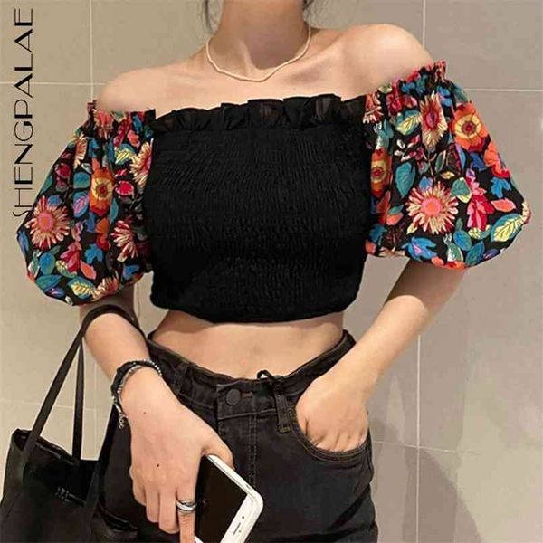 

slash neck blouse women's summer slim thin spliced floarl puff short sleeve folds shirt female 5e390 210427, White