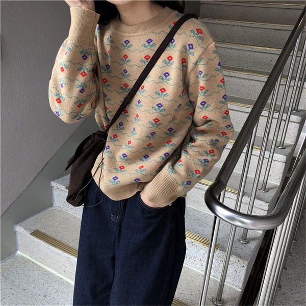 

retro pullovers florals full sleeves o-neck soft vintage jumpers girls gentle knitted loose women chic sweaters 210421, White;black