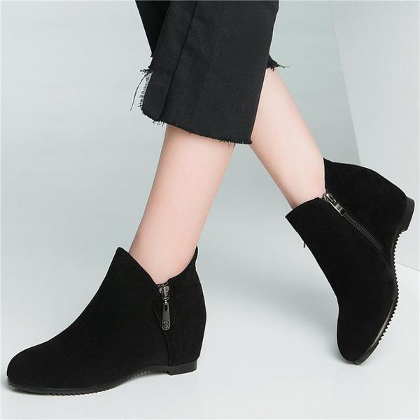 

boots women genuine leather height increasing ankle female low round toe party platform pumps shoes casual us size 3-9, Black
